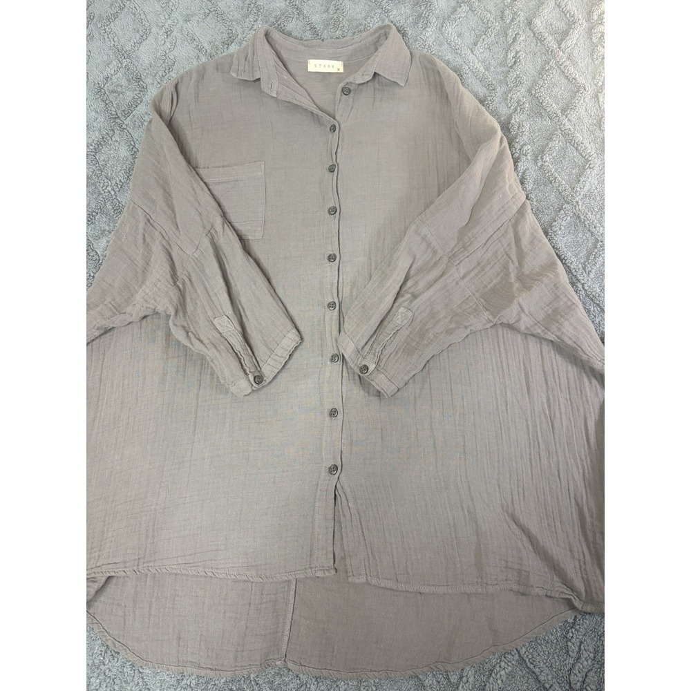 STARK X Mixed Media Button Down Long Sleeve Boho Gray Shirt  Large
